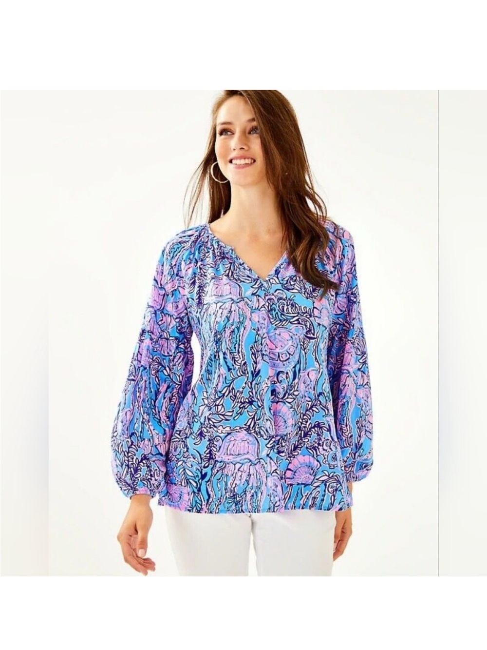 Lilly Pulitzer Blue & Pink Printed Long-Sleeve Blouse
